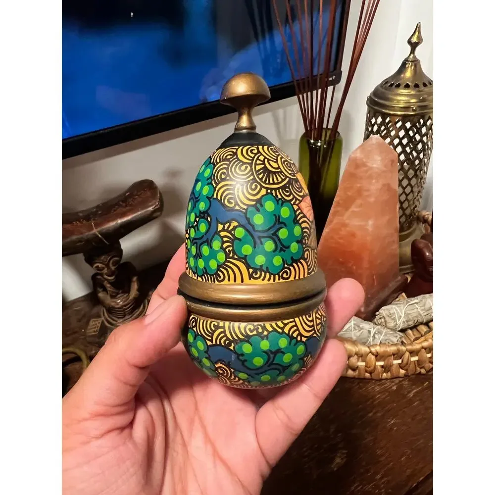 Vintage Hand Painted Indian Papier Mâché Lidded Box Folk Art Elephant Decor